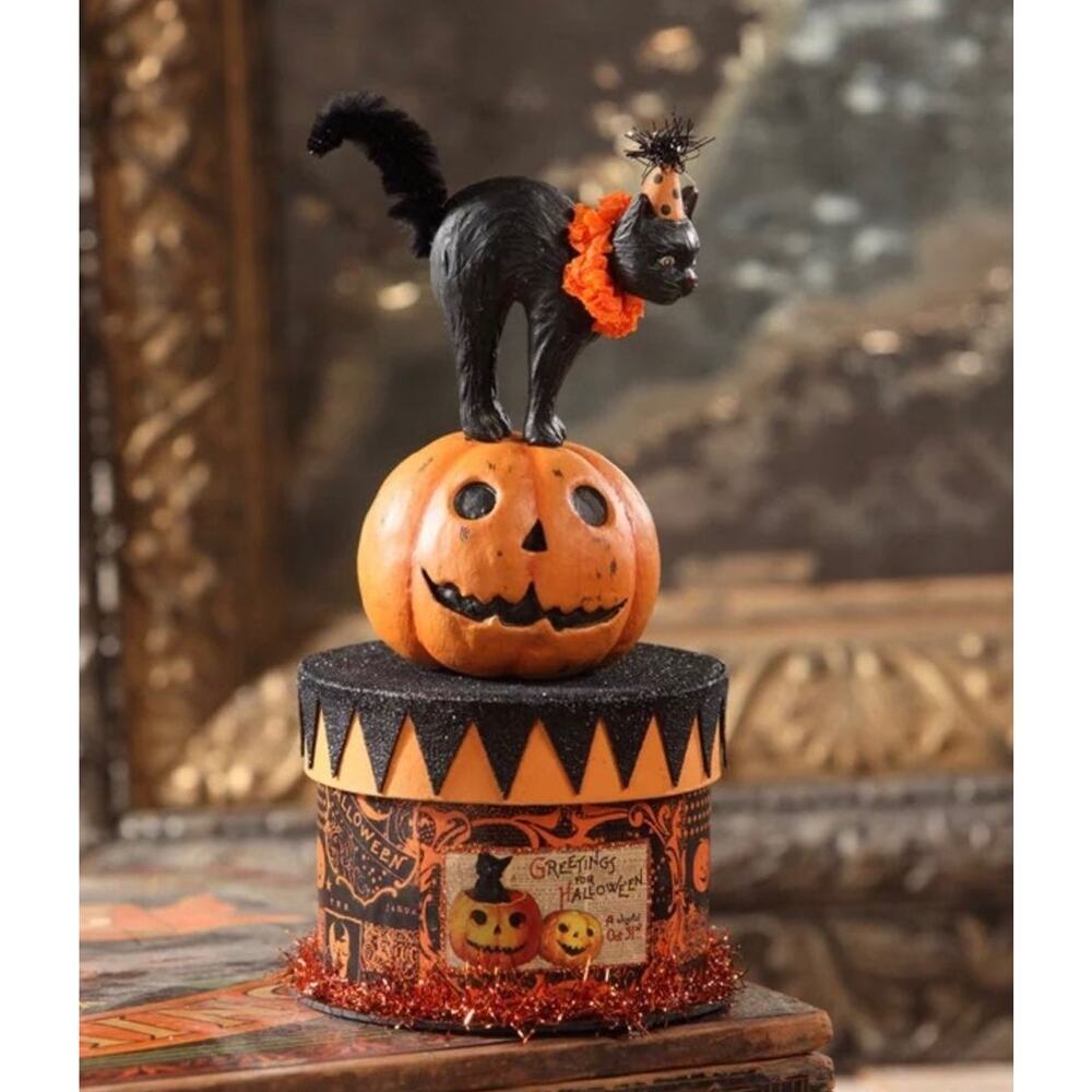 Bethany Lowe Party Cat On Box Black Cat Pumpkin Jack O Lantern Halloween NEW